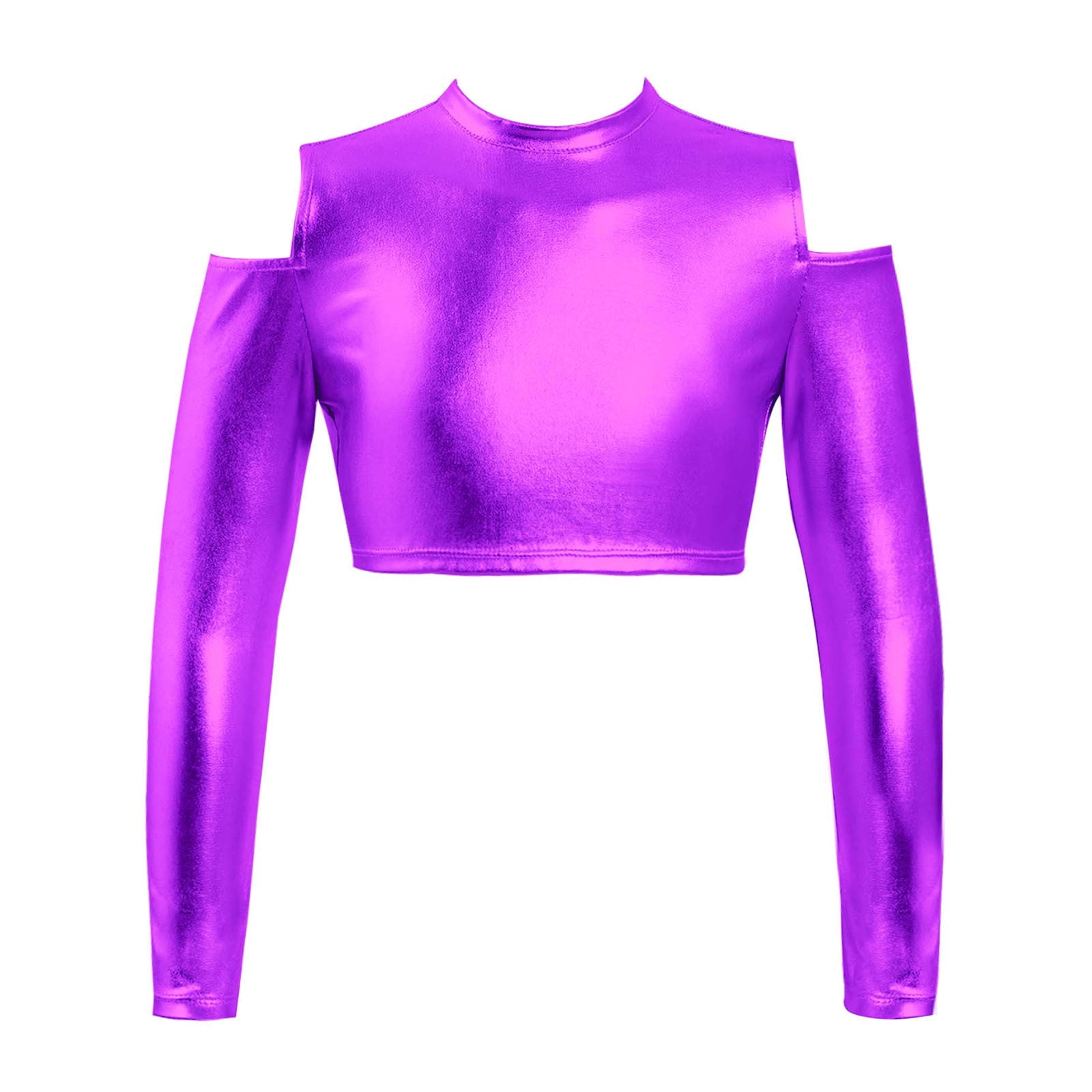 YONGHS Kids Girls Metallic Long Sleeve Off-Shoulder Dance Crop Top Jazz Hip  Hop T-Shirt Dancewear Hot Pink 8