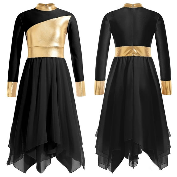 YONGHS Kids Girls Metallic Long Sleeve Praise Lyrical Dance Dress
