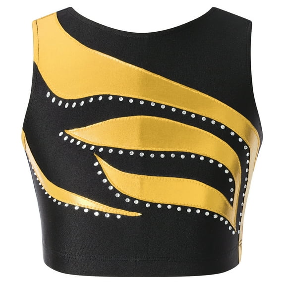 YONGHS Kids Girls Metallic Rhinestone Dance Crop Top Jazz Hip Hop Performance Cheer Shirt Costume Gold 12