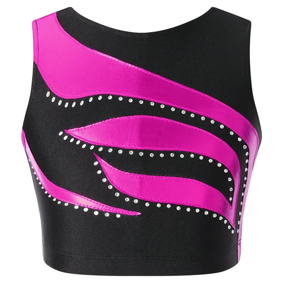 YONGHS Kids Girls Metallic Rhinestone Dance Crop Top Jazz Hip Hop Performance Cheer Shirt Costume Hot Pink 16
