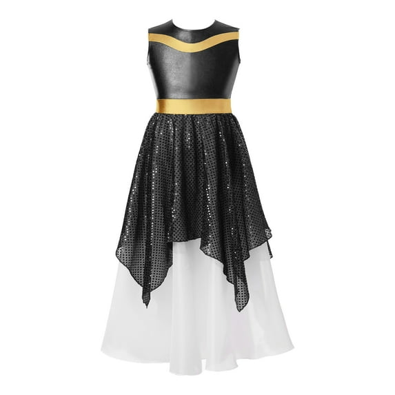 YONGHS Kids Girls Metallic Sequins Lyrical Dance Dress Praise Tunics Church Worship Robe Gown Black 6