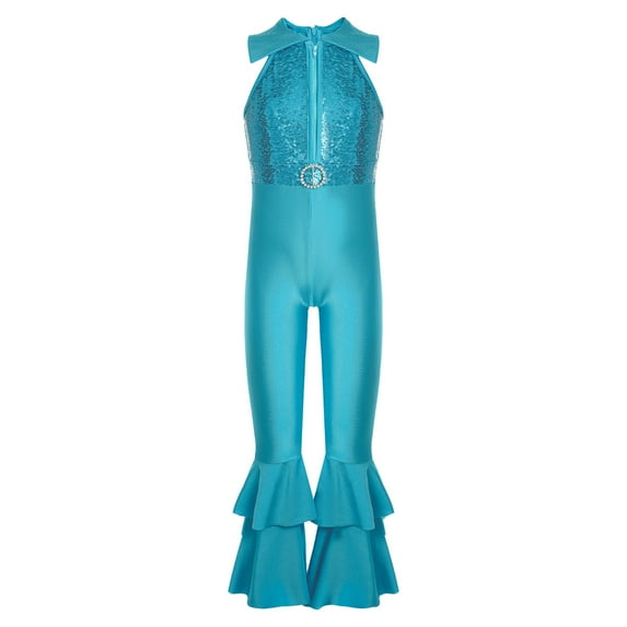 YONGHS Kids Girls Metallic Shiny Gymnastics Leotard Bell-bottom Full Body Bodysuit Jazz Dance Costume Blue 10