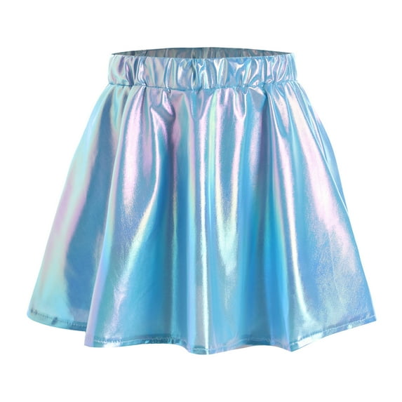 YONGHS Kids Girls Metallic Skirt Shiny Flared Pleated Skater Miniskirts Dancewear Sky Blue 13-14