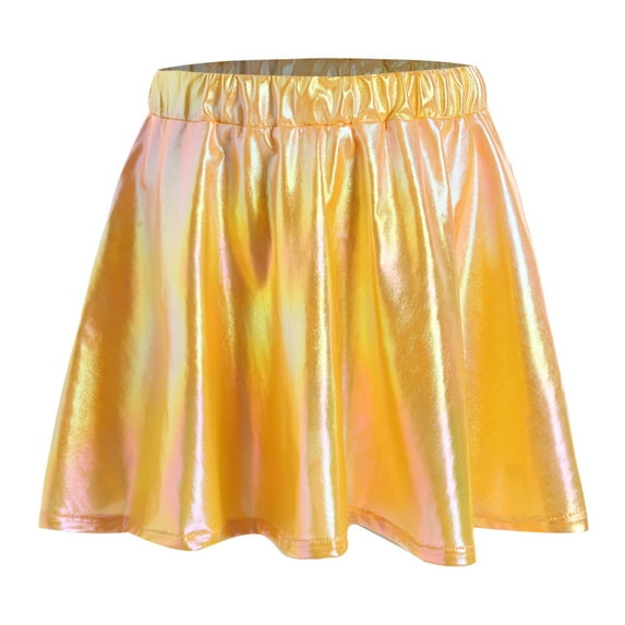 YONGHS Kids Girls Metallic Skirt Shiny Flared Pleated Skater Miniskirts Dancewear Yellow 9-10