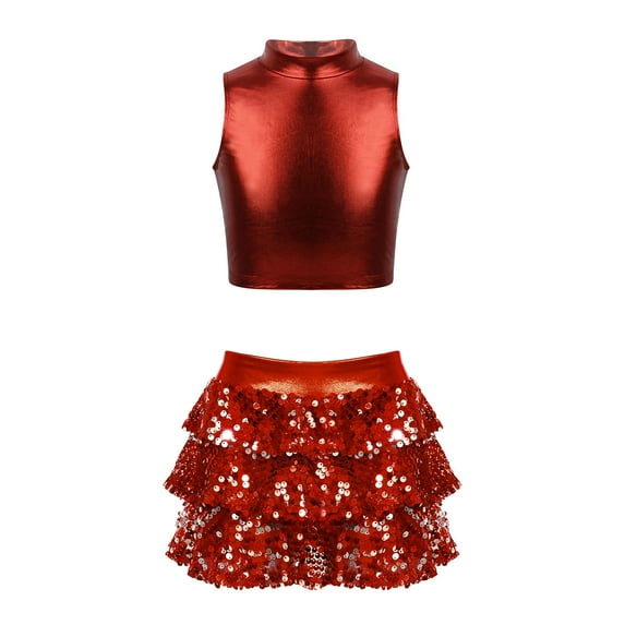 YONGHS Kids Girls Metallic Sleeveless Tank Top with Skirted Shorts Hip Hop Street Dance Costume Red 12