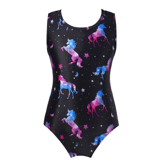 YONGHS Kids Girls One Piece Printed Gymnastics Leotard Bodysuit Swimsuit Swimwear Bikini Black 4