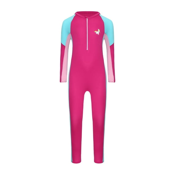 YONGHS Kids Girls One Piece Rash Guard Swimsuit Long Sleeve Water Sport Surfing Diving Swimwear Hot Pink 7-8