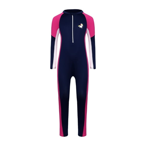 YONGHS Kids Girls One Piece Rash Guard Swimsuit Long Sleeve Water Sport Surfing Diving Swimwear Navy Blue 5-6