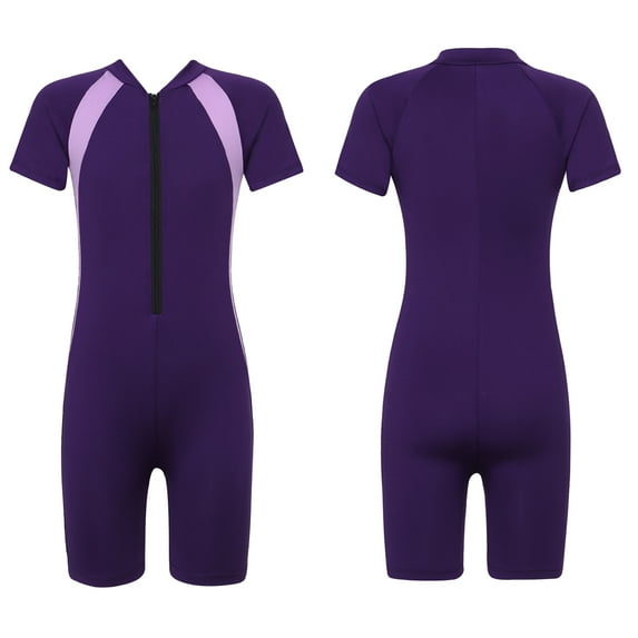 YONGHS Kids Girls One Piece Short Sleeve Rash Guard Swimsuit Wetsuit Zipper Bathing Suits Purple 8
