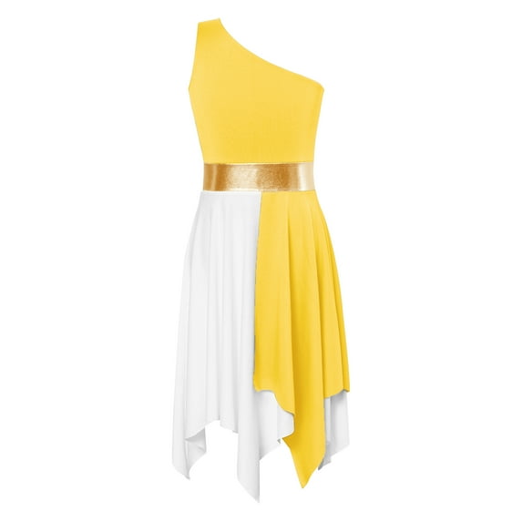 YONGHS Kids Girls One Shoulder Color Block Praise Dance Dress Tunic Worship Lyrical Liturgical Robe Dress Yellow 14