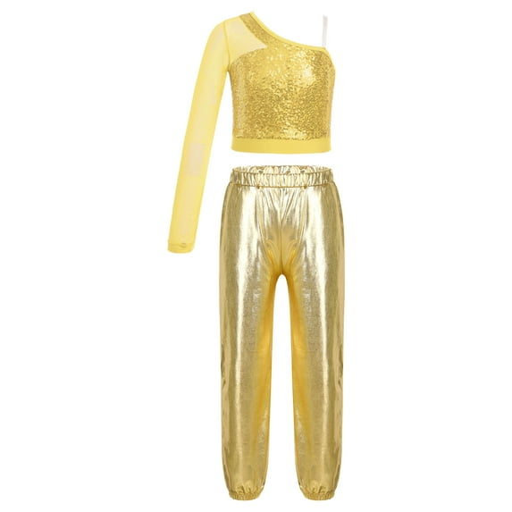 YONGHS Kids Girls One Shoulder Crop Top with Metallic Harem Pants Hip Hop Ballet Dance Outfits Gold 12