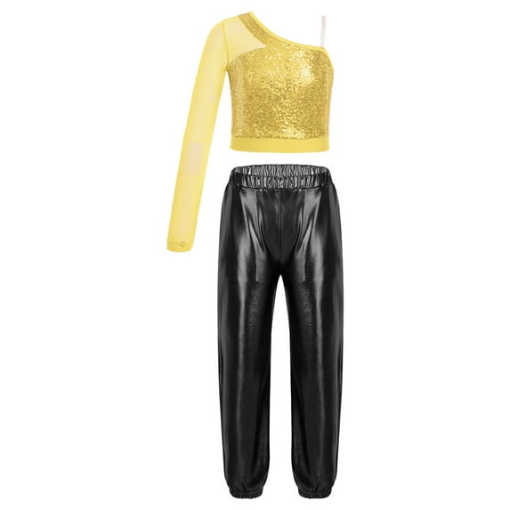 YONGHS Kids Girls One Shoulder Crop Top with Metallic Harem Pants Hip Hop Ballet Dance Outfits Gold&Black 6