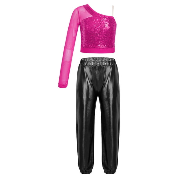 YONGHS Kids Girls One Shoulder Crop Top with Metallic Harem Pants Hip Hop Ballet Dance Outfits Hot Pink&Black 12