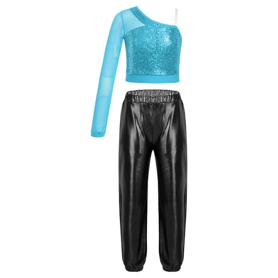 YONGHS Kids Girls One Shoulder Crop Top with Metallic Harem Pants Hip Hop Ballet Dance Outfits Light Blue&Black 10
