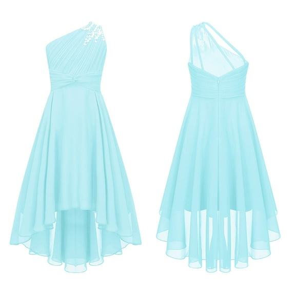 YONGHS Kids Girls One Shoulder Formal Gown High Low Hem Evening Dress Light Blue 8