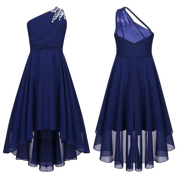 YONGHS Kids Girls One Shoulder Formal Gown High Low Hem Evening Dress Navy Blue 6