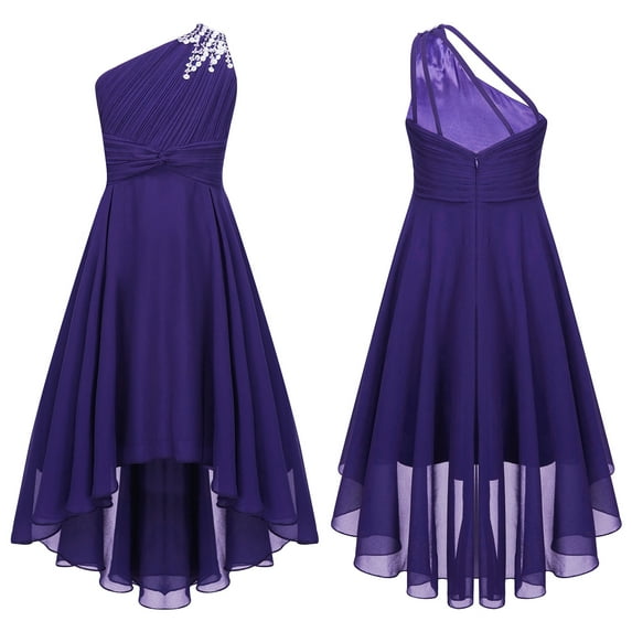 YONGHS Kids Girls One Shoulder Formal Gown High Low Hem Evening Dress Purple 10