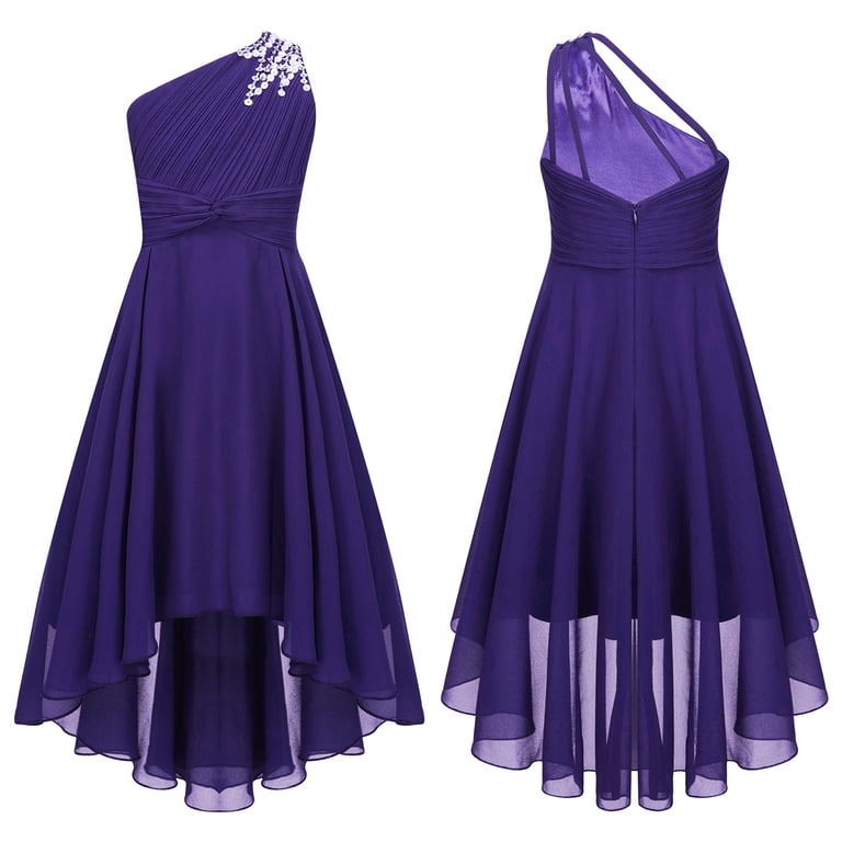 YONGHS Elegant Kids Girls One Shoulder High Low Hem Evening Dress for  Wedding, Party, Prom, Purple, Size 8 - Walmart.com