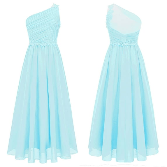 YONGHS Kids Girls One Shoulder Wedding Bridesmaid Dress Party Gowns Light Blue 14