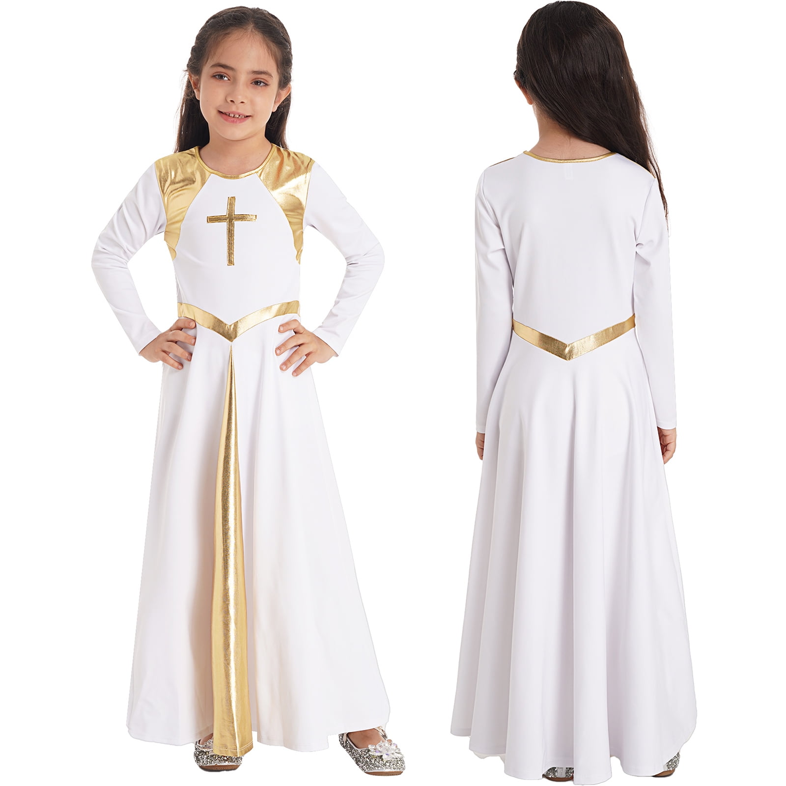 YONGHS Kids Girls Praise Liturgical Dancewear Long Sleeves Dress Tunic  Circle Costume 