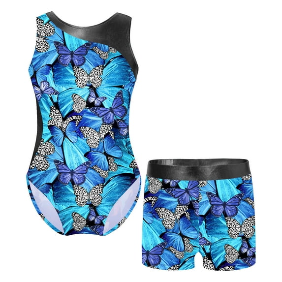 YONGHS Kids Girls Printed Gymnastics Dance Outfit Sleeveless Leotard+Shorts Set Butterfly Blue 14