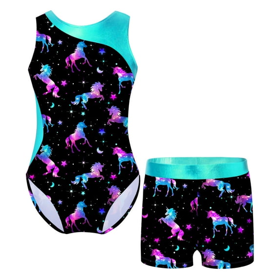 YONGHS Kids Girls Printed Gymnastics Dance Outfit Sleeveless Leotard+Shorts Set Dark Night 6