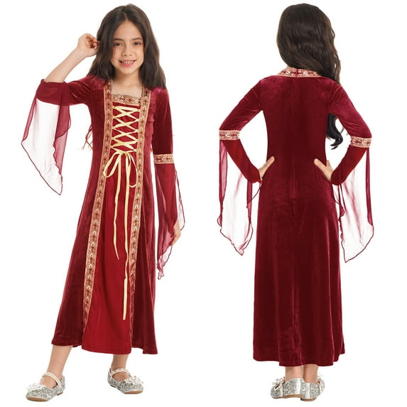 YONGHS Kids Girls Renaissance Vintage Maxi Dress Gothic Medieval Costume Halloween Fancy Dress up Burgundy 12