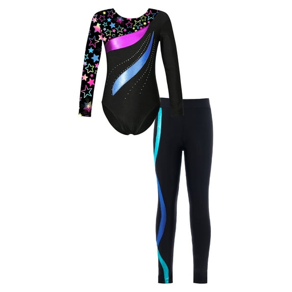 YONGHS Kids Girls Rhinestone Dance Outfits Tracksuit Long Sleeve Gymnastic Leotard with Leggings Set Star Black&Blue 12