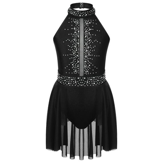 YONGHS Kids Girls Rhinestone Figure Ice Skating Dress Lyrical Contemporary Dance Skirt Leotard Black 14