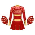 thumbnail image 1 of YONGHS Kids Girls Rhinestone Long Sleeve Cheerleading Dance Dress and Pom Pom for Halloween Party Red 14, 1 of 5