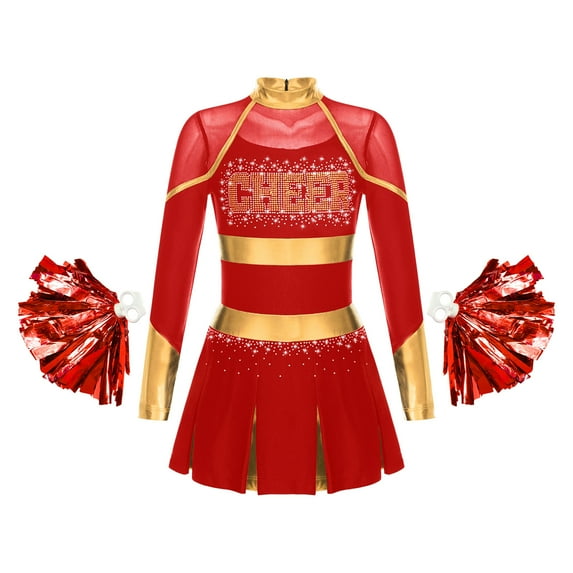 YONGHS Kids Girls Rhinestone Long Sleeve Cheerleading Dance Dress and Pom Pom for Halloween Party Red 14