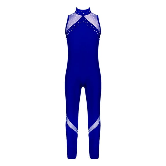 YONGHS Kids Girls Rhinestones Sleeveless Hollow Back Gymnastics Leotard Full Body Jumpsuit Romper Royal Blue 8