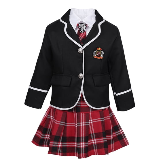 YONGHS Kids Girls School Uniform Formal Suit Long Sleeve Coat Shirt and Plaid Mini Skirt with Tie Set Black 7-8