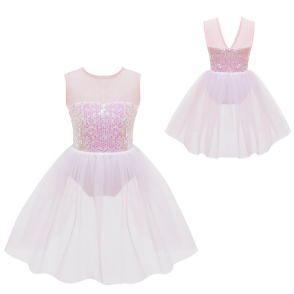 YONGHS Kids Girls Sequin Sparkly Leotards Ballerina Dance Mesh Tutu Dresses