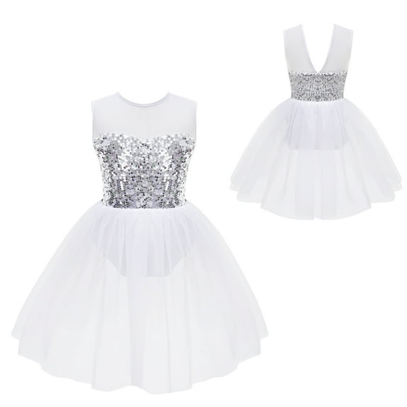 YONGHS Kids Girls Sequin Sparkly Leotards Ballerina Dance Mesh Tutu Dresses