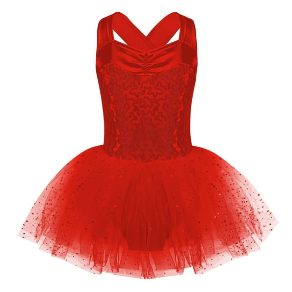 YONGHS Kids Girls Sequins Ballet Dance Tutu Dress Sleeveless Crisscross Back Skirted Leotard Red 10