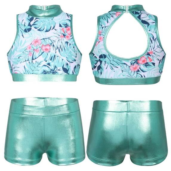 YONGHS Kids Girls Sequins Cutout Back Crop Top with Metallic Bottoms Set Hip Hop Street Dancing Outfits Tropical Palm Leaves 12