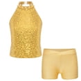 thumbnail image 1 of YONGHS Kids Girls Sequins Dance Outfits Sleeveless Halter Crop Tops with Gym Dance Shorts Set Yellow 8, 1 of 7