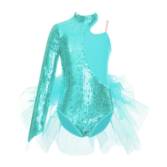 YONGHS Kids Girls Sequins Feather Tulle Skirted Leotard Unitard Latin Modern Jazz Dance Costume Blue Green 10