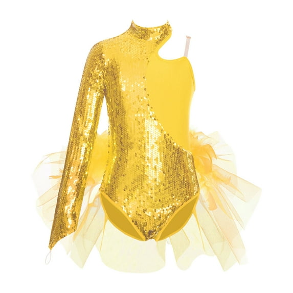 YONGHS Kids Girls Sequins Feather Tulle Skirted Leotard Unitard Latin Modern Jazz Dance Costume Gold 6
