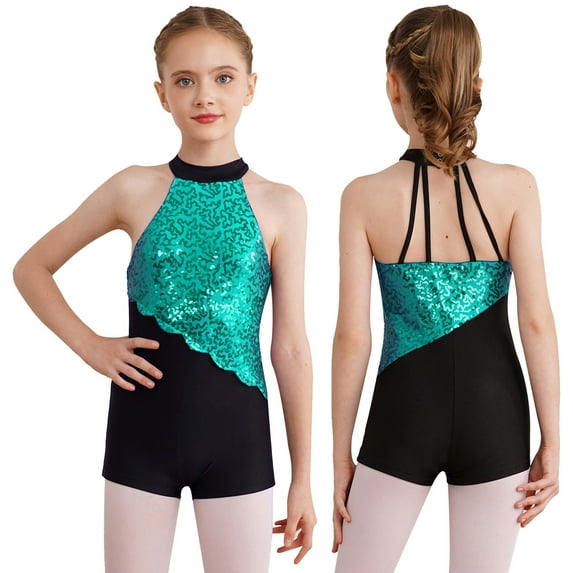 YONGHS Kids Girls Sequins Gymnastics Leotard Unitard Biketard Latin Jazz Ballet Dance Outfits Light Green 6