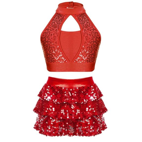 YONGHS Kids Girls Sequins Jazz Latin Ballet Dance Outfits Crop Top Vest with Skirted Shorts Set Red 6