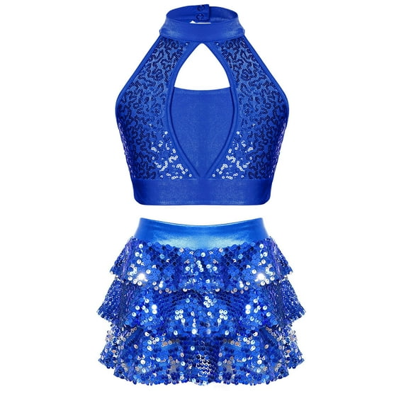 YONGHS Kids Girls Sequins Jazz Latin Ballet Dance Outfits Crop Top Vest with Skirted Shorts Set Royal Blue 6