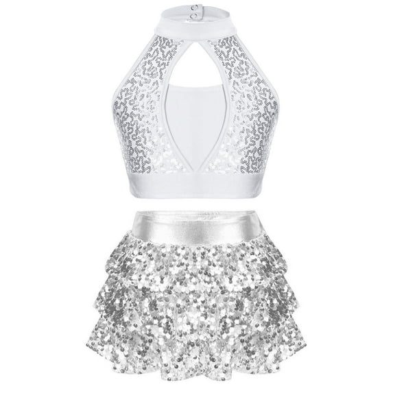 YONGHS Kids Girls Sequins Jazz Latin Ballet Dance Outfits Crop Top Vest with Skirted Shorts Set Silver 8
