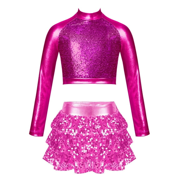 YONGHS Kids Girls Sequins Long Sleeve Crop Top with Shorts Culottes Jazz Hip Hop Dance Costume Hot Pink 10