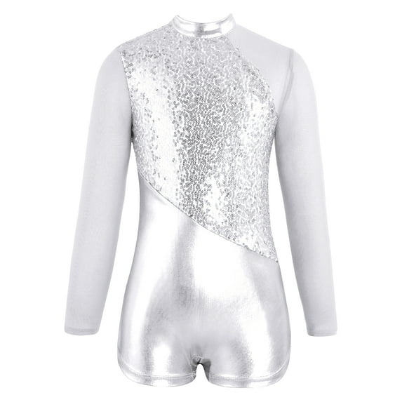 YONGHS Kids Girls Sequins Long Sleeves Ballet Dance Gymnastics Leotard Athletic Bodysuit Unitard Silver 14