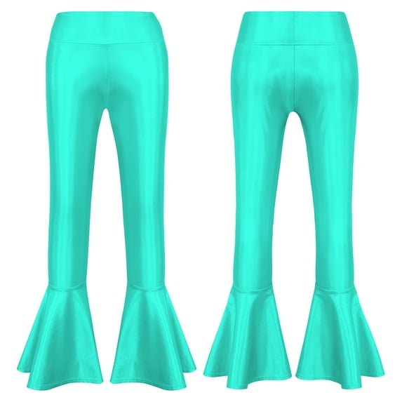 YONGHS Kids Girls Shiny Dance Trousers Ruffle Hem Bell-bottom Jazz High Waist Long Pants Lake Green 8