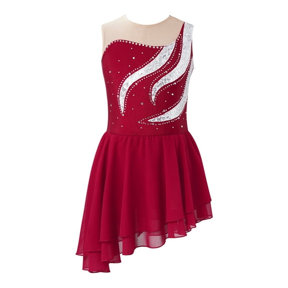 YONGHS Kids Girls Shiny Diamond Sleeveless Ice Skating Dance Dress Mesh Splice Ballet Dance Leotard Burgundy 8