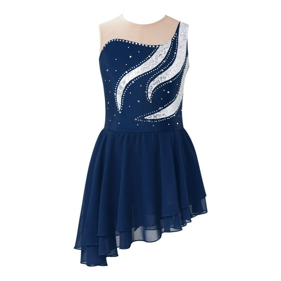 YONGHS Kids Girls Shiny Diamond Sleeveless Ice Skating Dance Dress Mesh Splice Ballet Dance Leotard Navy Blue 12