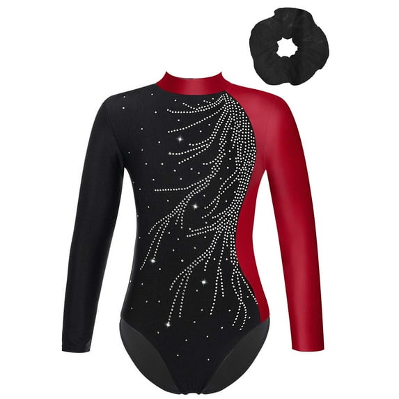 YONGHS Kids Girls Shiny Long Sleeve Gymnastic Leotard Unitard Biketard Bodysuit with Hair Band Set Burgundy 6